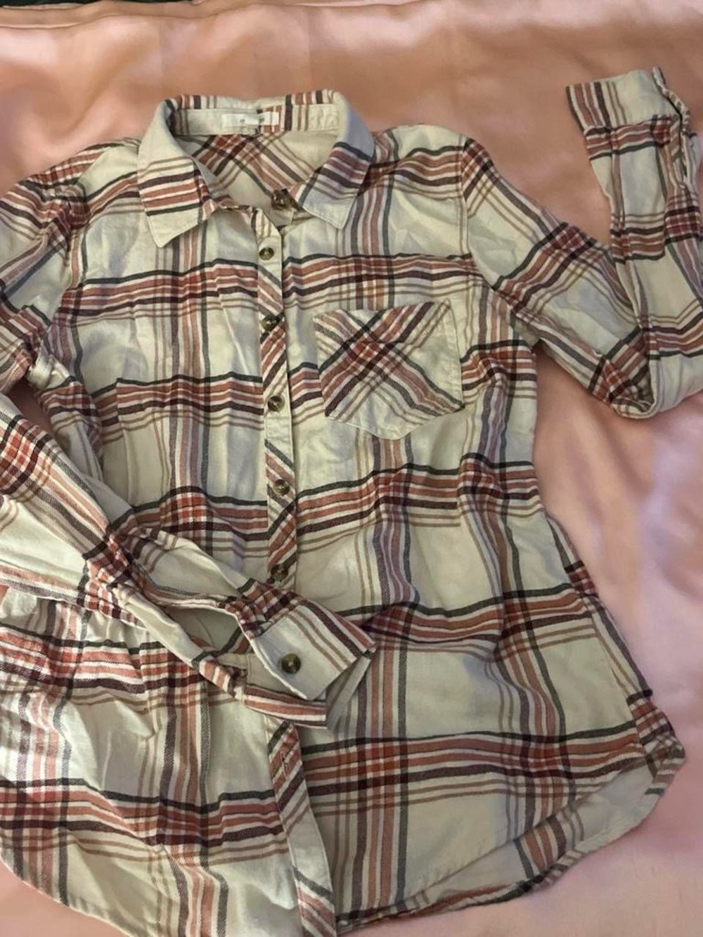 Maurices Cream Plaid Shirt with Rust and Burgundy Stripes